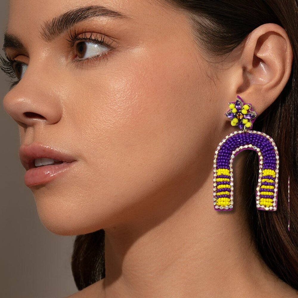 LSU Football Goal Posts Seed Beaded Purple Yellow Gold Earrings